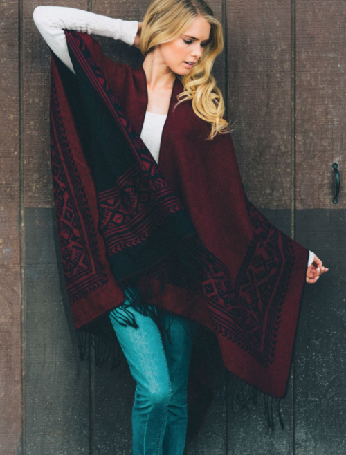 Claudine Burgundy & Black Reversible Tassel Poncho - Tech Haul