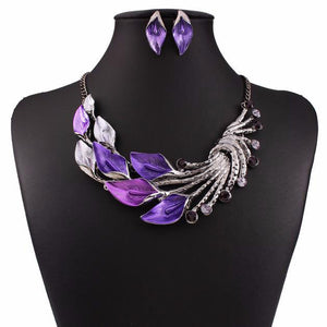 Elegant Women's Purple Peacock Enamel Festoon Bib Necklace Stud Earrings Set