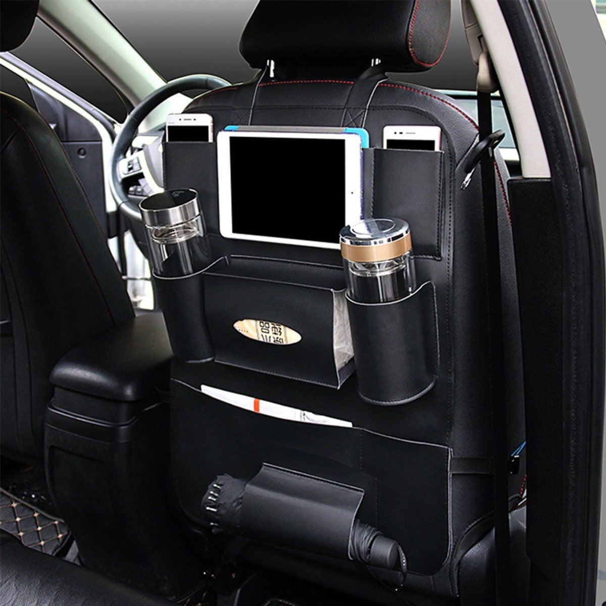 Black Reverse Car Seat Multi-Pocket Leather Storage Bag - Tech Haul